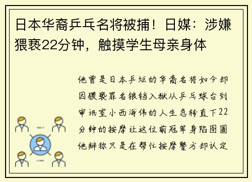 日本华裔乒乓名将被捕！日媒：涉嫌猥亵22分钟，触摸学生母亲身体